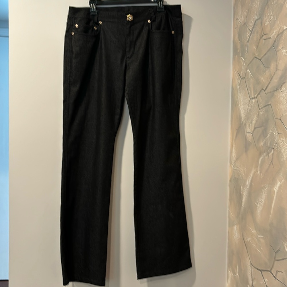 St. John Couture black denim wide leg pants with crystal front button size 14